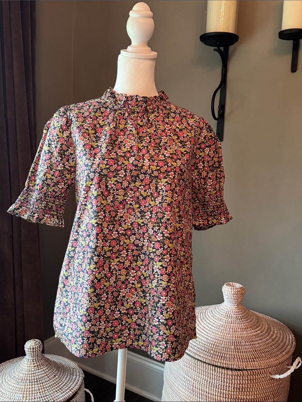 J. Crew Navy Floral Print Blouse with Pink and Yellow Accents